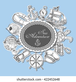 Vector frame with hand drawn marine items. Vector  illustration for your design