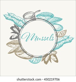 Vector frame with hand drawn mussel set 