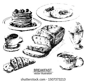 Vector frame with hand drawn pancakes, tea, coffee, bread, bun, fried eggs, boiled egg on white background. Black and white sketch with line art.