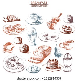 Vector frame with hand drawn pancakes, tea, coffee, bread, porridge, bun, fried eggs, boiled egg on white background. Sketch with line art.