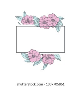  Vector frame with hand drawn pink camellia flowers on white background. Sketch  illustration.