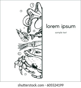 vector frame with hand drawn sea animals - octopus, fish, squid, shrimp, crab.cafe and restaurant menu template. sketch card or invitation
