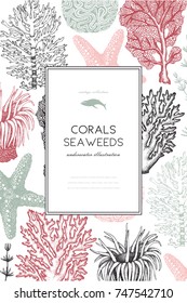 Vector frame with hand drawn sea corals, fish, stars sketch. Vintage background with underwater natural elements. Decorative sealife illustration isolated on white. Wedding design.