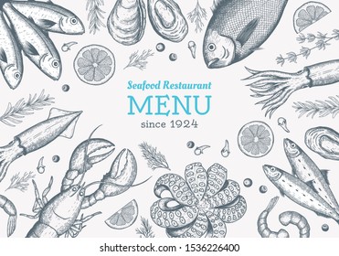 Vector Frame With Hand Drawn Seafood Illustration - Fresh Fish, Lobster, Crab, Oyster, Mussel, Squid And Spice. Decorative Card Or Flyer Design With Sea Food Sketch. Vintage Menu Template.