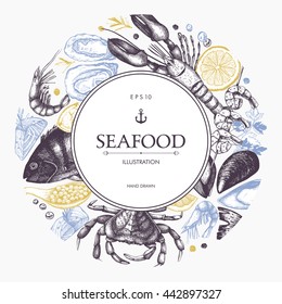 Vector frame with hand drawn seafood illustration -  fresh fish, lobster, crab, oyster, mussel, squid and spice. Decorative card or flyer design with  sea food sketch. Vintage menu template.