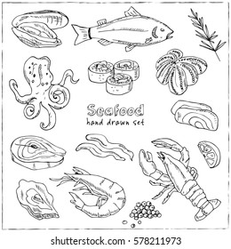 Vector frame with hand drawn seafood illustration - fresh fish, lobster, crab, oyster, mussel, squid and spice sketch. Vintage menu template.