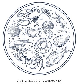 Vector frame with hand drawn seafood illustration - fresh fish, lobster, crab, oyster, mussel, squid and spice sketch. Vintage menu template.