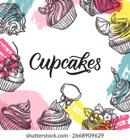 Vector frame with hand drawn sketch cupcakes and watercolor blots. Sweet dessert background design for bakery menu, cafe poster, party invitation, packaging or confectionery banner