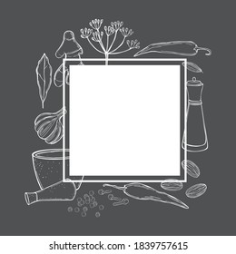 Vector  frame with hand drawn spices and herbs. Sketch illustration.
