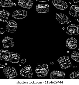 Vector frame with hand drawn sushi
elements