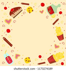 Vector frame with hand drawn sweet things. Cute sweets, cookies and cakes for design.