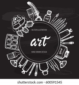 Vector frame with hand drawn tools and materials the artist - brushes, pencils, ink, pen, paints. Vintage illustration on chalkboard