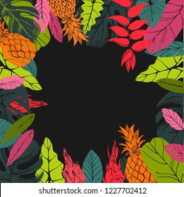 Vector frame with  hand drawn tropical plants. Leaves and fruits.
