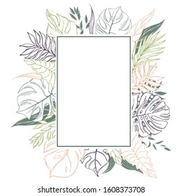 Vector frame  with  hand drawn tropical plants. Palm  and monstera leaves.