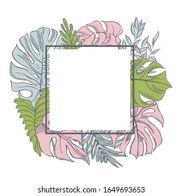 Marco vectorial con plantas tropicales dibujadas a mano. Dibujo de esbozo.
