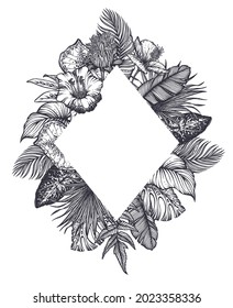 Vector frame with hand drawn tropical flowers, jungle palm, exotic leaves. Black and white template for greeting card, poster, invitation