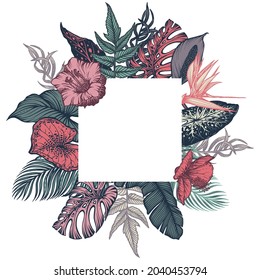 Vector frame with hand drawn tropical flowers, jungle palm, exotic leaves. Black and white template for greeting card, poster, invitation.