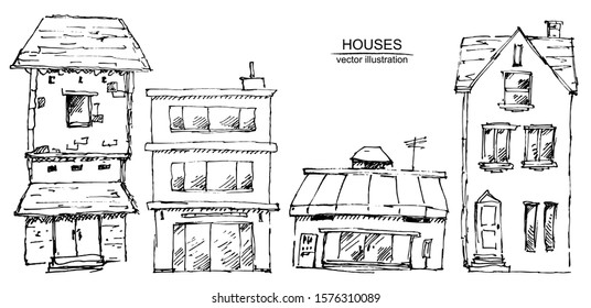 Vector frame with hand drawn urban houses on white background. Black and white sketch with line art.