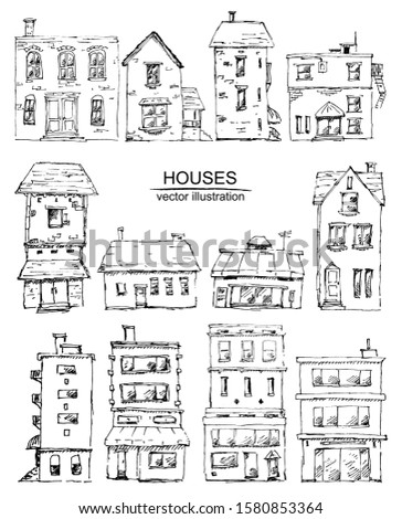 Vector frame with hand drawn urban houses on white background. Black and white sketch with line art.