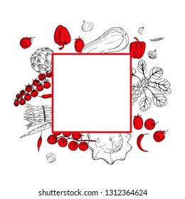 Vector frame  with  hand drawn vegetables. Sketch  illustration.  