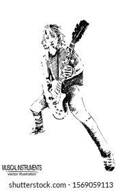 Vector frame with hand guitar player and guitar on white background. Black and white sketch with line art.