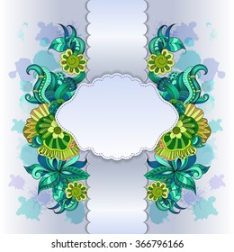 Vector frame with hand-drawing decorative ornaments on background with watercolor spray paint, place for text