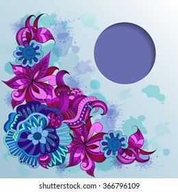Vector frame with hand-drawing ornament on background with watercolor spray paint, place for text