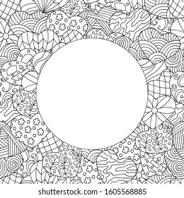 Vector frame of hand-drawn abstract hearts, coloring page for children and adults