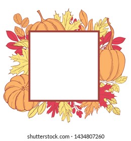 Vector frame with hand-drawn autumn leaves and pumpkins. Sketch  illustration.