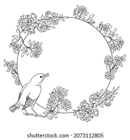 Vector frame with hand-drawn bird and flowering branches, coloring page for children and adults