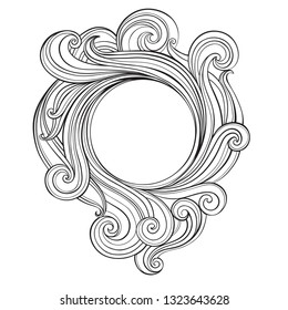 Vector frame with hand-drawn waves on a white background. Illustration with  round space for text, can be used  creating card or invitation card.