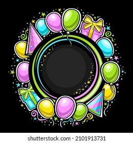 Marco vectorial para cumpleaños feliz con espacio de copias, plantilla redonda con ilustración de varios globos vivos de colores, dos cajas de regalo, sombreros de cono, estrellas decorativas para fiesta de cumpleaños con fondo oscuro