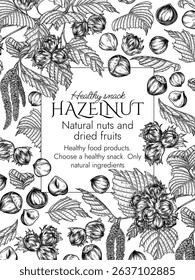 Vector frame with hazelnut branch in engraving style. Graphic banner with forest nuts on tree. Template with growing healthy snack. Nuts in shell and cut