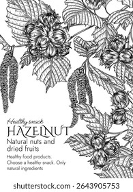 Vector frame hazelnut garden in engraving style. Graphic banner with forest nuts on a branch. Template with growing healthy snack	