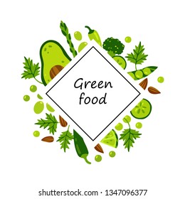 Vector frame of healthy food. Illustration of green and red vegetables, mushrooms and olives. Its perfect for design for items of healthy, organic, vegan, vegetarian  restaurant, cafe, kitchen