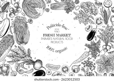 Vector frame of healthy food. Vegetables and greens. Carrot, celery, cabbage, beet, radish, cucumber, tomato, corn, pepper, broccoli, cauliflower, onion, garlic, beans. Farm and organic food