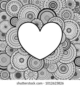 Vector frame in heart shape on mandalas background. Coloring page book for adult