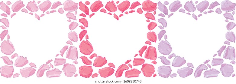 Vector frame of hearts made of pink, red, lilac isolated rose flower petals. Mother of pearl petals in a watercolor style. Romantic design for love cards, congratulations, weddings, Valentine's Day.