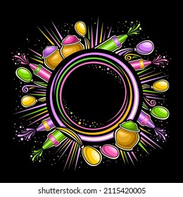 Vector Frame for Holi Festival with copy space for text, decorative round template with illustration of traditional holi symbol, bright gulal powder in bowl for spring holi carnival on dark background