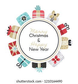 Vector frame. Holiday background with different textured gift boxes around circle. Hand drawn elements. Merry Christmas. Unique design. Freehand style. Doodle. Invitation, card, poster, banner