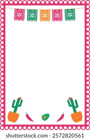 Vector frame with holiday flags, cacti, peppers and avocado. Mexican fiesta - holiday frame, social media story. Design element for banner, poster.	