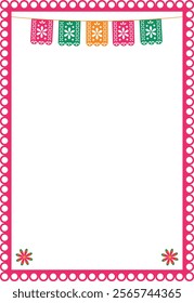 Vector frame with holiday flags and flowers. Mexican fiesta - holiday frame, social media story. Design element for banner, poster.	