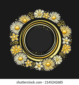 Vector frame for Holiday Flowers with copy space for greeting text, decorative square poster with illustration of variety simple pale flowers, cartoon flourishes on dark background for wedding card