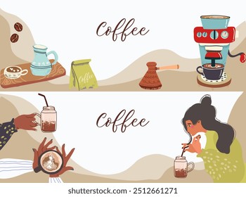 Vector frame, horizontal banner, background with hand drawn coffee, people, coffee machine, turbo, women, girl, hands with cup, mug.
