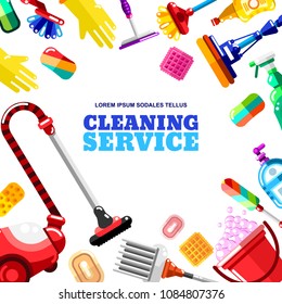 Vector frame with household cleaning tools, detergent and supplies on white background. House cleaning and housework banner or poster modern flat design.