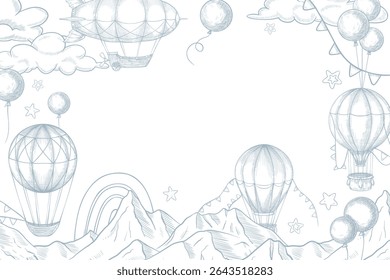 Ilustração de quadro vetorial com balões de ar, nuvens, montanhas e arco-íris no estilo de gravação em contorno. Desenho linear de Modelo com aerostáticos Ótimo para cartões de cumprimentos ou convites para chá de bebê.