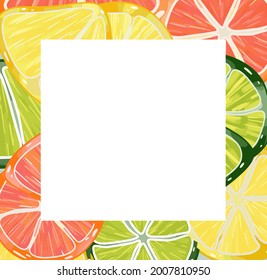 Vector frame with illustration of citrus, lime, grapefour, lemon, orange. Summer frame for photos, postcards, podrakami, drawings.