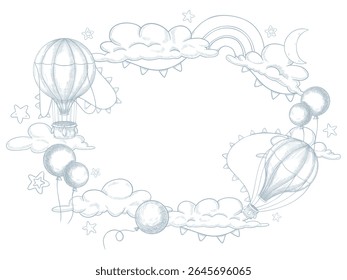 Ilustração de quadro vetorial com balões de ar quente, nuvens, montanhas e arco-íris no estilo de gravação de contorno. Desenho linear com aeróstatos para cartão de cumprimentos do chá de bebê ou convite infantil de aniversário