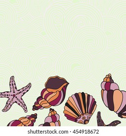 Vector Frame Illustration of Shells. Color Holiday greeting card with shells and starfishes on the waves and place for text.
