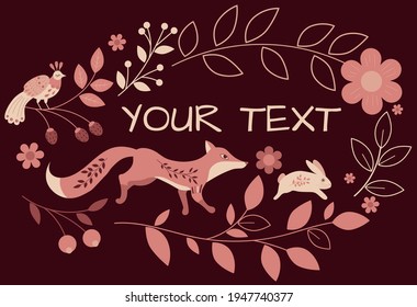 vector frame illustration for text with ethnic fox and rabbit orange palette, autumn time colors